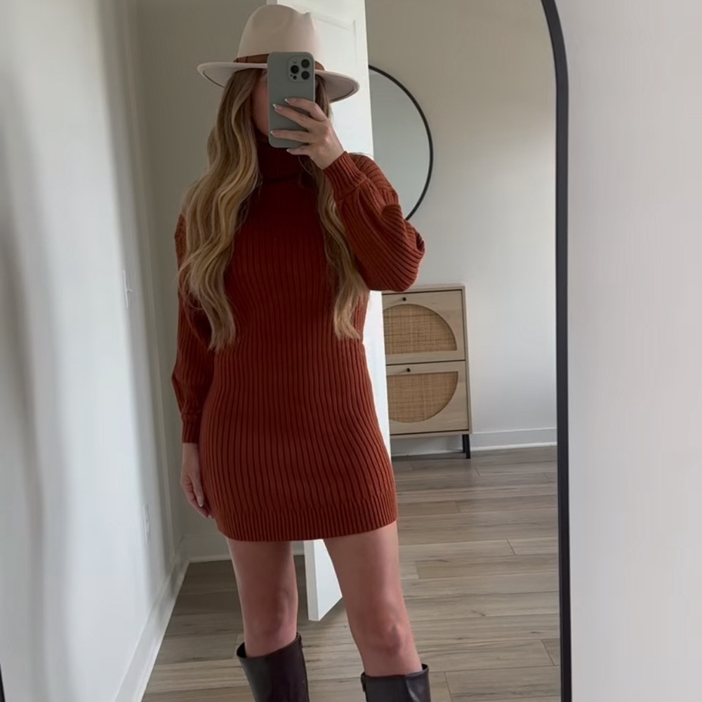 Sweater dress from Amazon! Rust/orange color wearing small 5’5 126 lbs